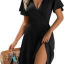 Womens Summer Dresses Wrap V Neck Dress Floral A-Line Ruffle Sleeve Casual Sundress, Black XXL