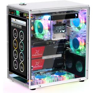 FREENOVE Raspberry Pi 5 Case Kit Pro (with 1x 128GB SSD), Dual M.2 NVMe SSD Slots, 5 PWM ARGB Fans Light Sync, CPU Tower Cooler, 4.3" Touchscreen, Stereo Speakers, 3.5 mm Audio