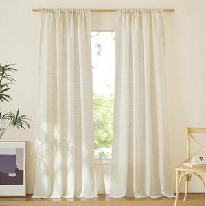 NICETOWN Living Room Curtains 96 inches Long, Pocket Top Stripe Pattern Weave Semi Sheer Linen Window Treatments Privacy with Light Through for Bedroom, Natural, W52 x L96, 2 Panels