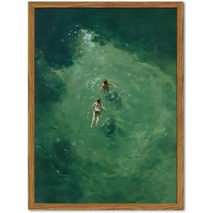 Framed Tiny People Swimming Canvas Wall Art, Minimalist Green Water Pictures Wall Decor, Abstract Summer Beach Paintings Prints Modern Home Decor for Living Room Bedroom Bathroom 16x24 inch