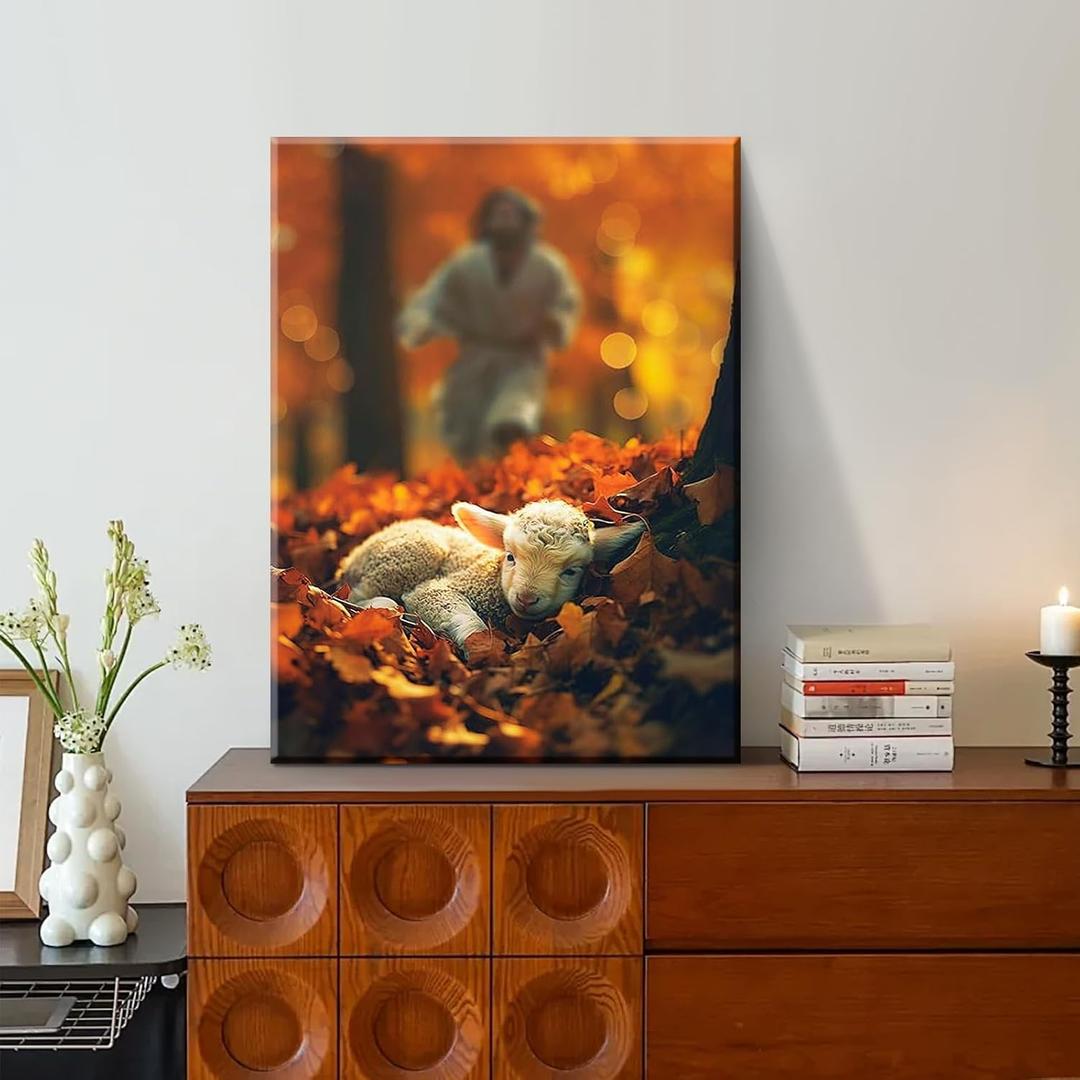 OTOSTAR Jesus and Lamb Canvas Wall Art Jesus Runs for the Lost Sheep In Autumn Forest Picture Wall Art Canvas Print Christian for Living Room Bedroom Church Home Decor - 12 x 16 Inch