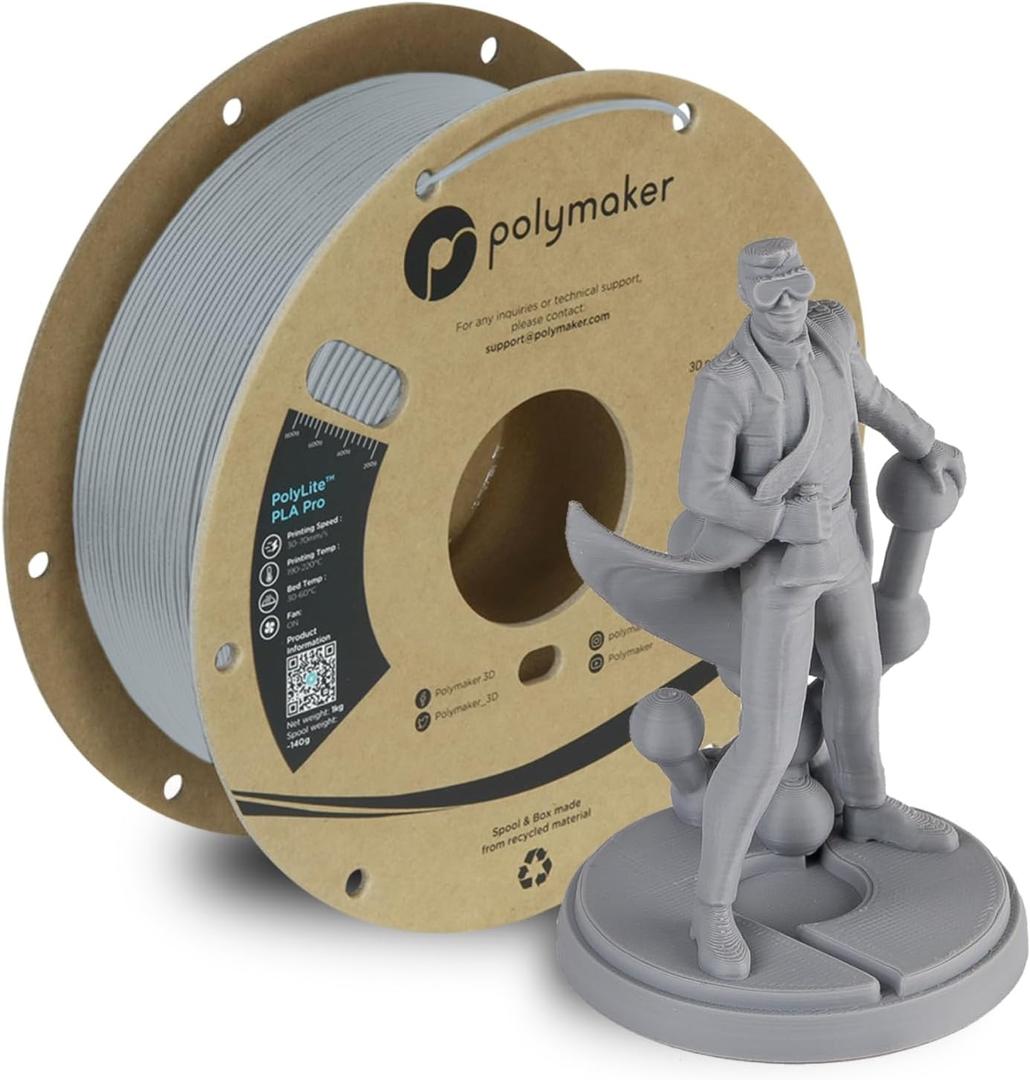 Polymaker PLA PRO Filament 1.75mm 1kg, Tough & High Rigidity Grey 3D Printing Filament, PolyLite PLA PRO 3D Printer Filament 1.75mm, Print with Most 3D Printers (Old Formula)