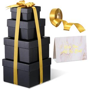 Marspark 4 Pcs Christmas Nesting Gift Boxes with Lids Stackable Square Nested Boxes Set with Ribbon Large to Small Size Prank Annoying Nested Gift Wrapping for Valentine Weddings Birthday(Black)