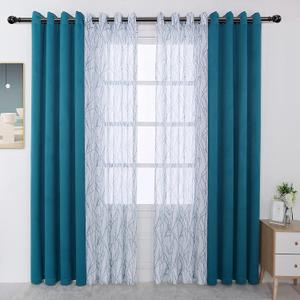 BONZER Mix and Match Curtains - 2 Pieces Branch Print Sheer Curtains and 2 Pieces Blackout Curtains for Bedroom Living Room Grommet Window Drapes, 54x108 Inch/Panel, Teal, Set of 4 Panels (54"W x 108"L (Pack of 4))