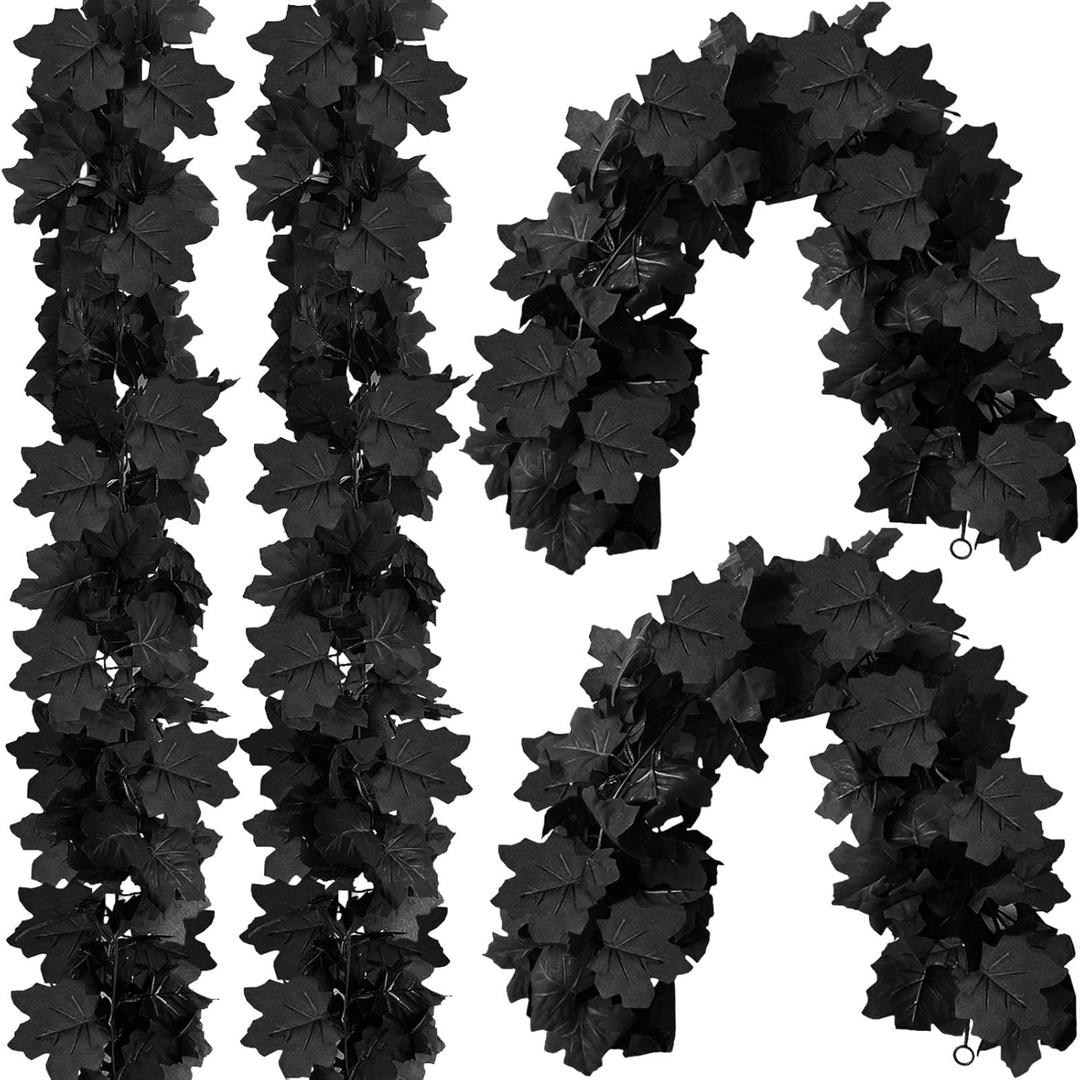 4 Pcs Black Fall Maple Leaf Garland,Artificial Autumn Garland with Hooks,Fake Hanging Foliage Vine Decoration for Halloween Thanksgiving Christmas Home Party Decor (26.4FT)