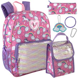 Trail maker Girls 6 in 1 Backpack and Lunch Box Set for School with Pencil Case, Water Bottle, Keychain Attached for Kids (Sparkle Unicorns) (Large)