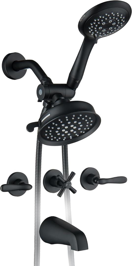 3 Handle Tub Shower Faucet, 3 Knobs Bathtub Faucet Set with Tub Spout, Wall Mount Matte Black Three Handle Shower and Faucet Set