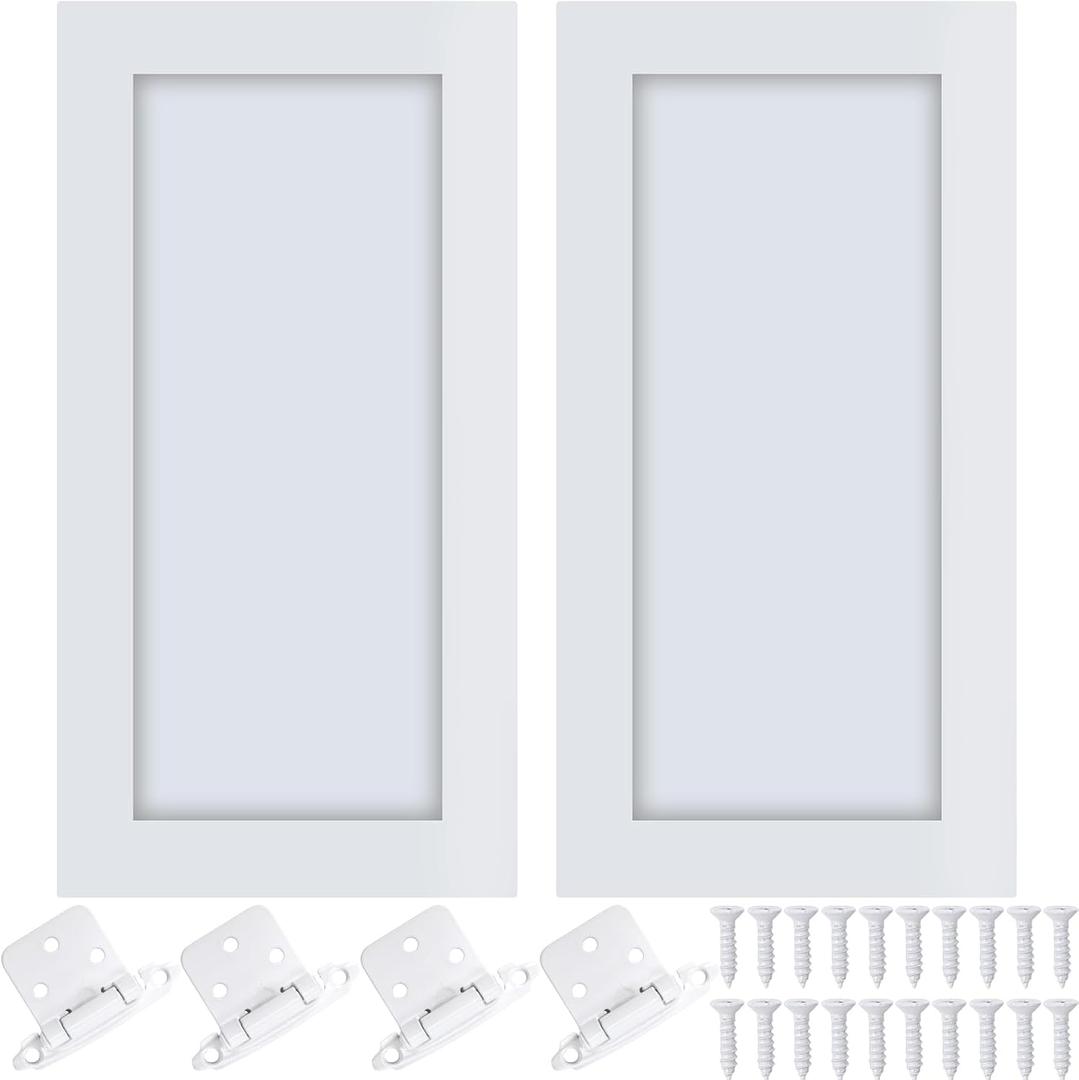 Cinnvoice 2 Pcs Pine Kitchen Cabinet Door Replacement with 4 Pcs Cabinet Hinges Wood Shaker Door Front Replacement for Kitchen, Bathroom, Vanity(White,15.5" W X 29" H)