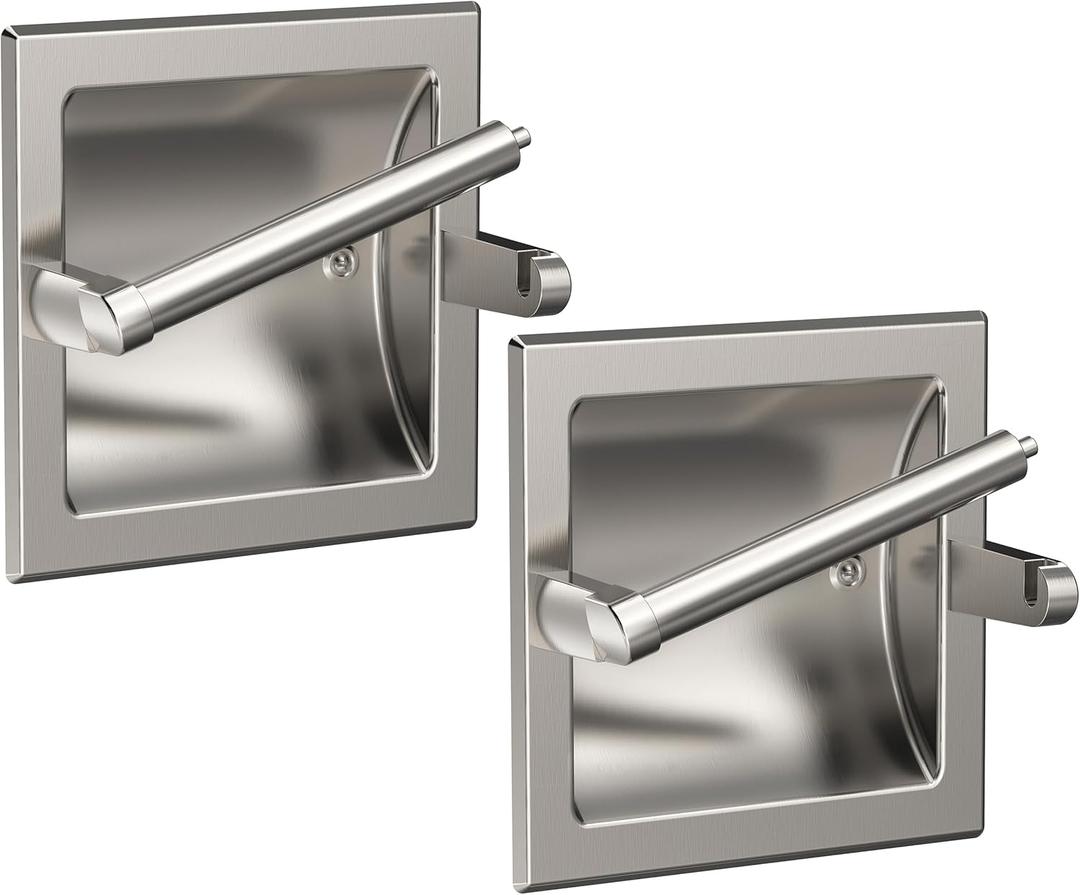 Toilet Paper Holder 2 Pack, Recessed Pivoting Toilet Paper Holder Wall Mount Stainless Steel for Large Rolls in Bathroom (Brushed Nickel)