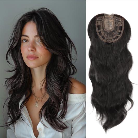 Hair Toppers for Women Long Wavy Lace Hair Toppers Pieces for Women with Thinning Hair Synthetic Hair Pieces Wig Clip In Hair Topper Wiglets with Fringe Bang Add Hair Volume (Dark Brown)