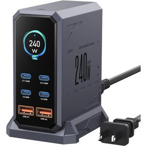 240W USB C Charger Block,ASOMETECH 6 Ports USB Charging Station,GaN 140W PD3.1 Laptop Fast Charger Adapter Desktop Charger Station with LCD Display for MacBook HP iPad iPhone Samsung