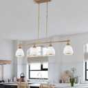 4-Light Island Lights for Kitchen, Gold Modern Farmhouse Pendant Lighting with Conical Milky Glass & Crystal Balls, Adjustable Linear Hanging Chandelier for Dining Room Over Table