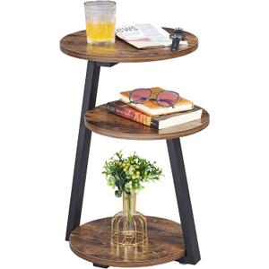 BEWISHOME Round End Table Side Table with Metal Frame, Accent Nightstand Bedside Table with 3-Tier Shelves, Small Couch Coffee Table for Living Room Bedroom Rustic Brown KTZ41Z, Without Poweroutlet