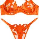 Lilosy Sexy Satin Mesh Floral Sheer Embroidered Underwire Lingerie Set 2 Piece Women (Large, Orange)