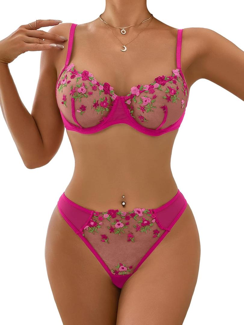 Lilosy Sexy Floral Embroidered Flower Mesh Underwire Push Up Lingerie Set (Small, Hot Pink)