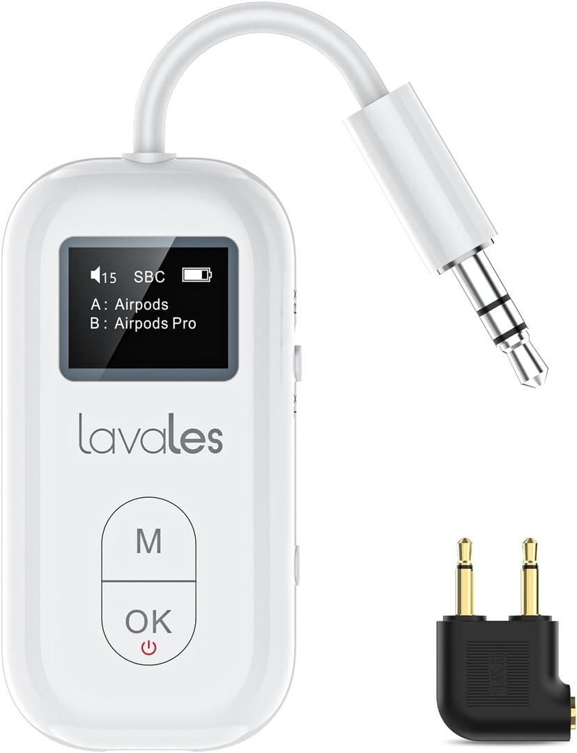 Bluetooth 5.3 Transmitter Receiver for Airplane, Wireless Audio Adapter w/Screen for 2 AirPods, AptX Adaptive/SBC/HD,100ft Long Range, 25h Playtime, 3.5mm Aux Adapter for TV, Speakers, MP3