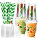 50 Pcs Dinosaur Cups with Lids and Straws 12 oz Dinosaur Plastic Cups Disposable Dino Tumbler Drinking Cups for Kids Dinosaur Birthday Summer Party Supplies
