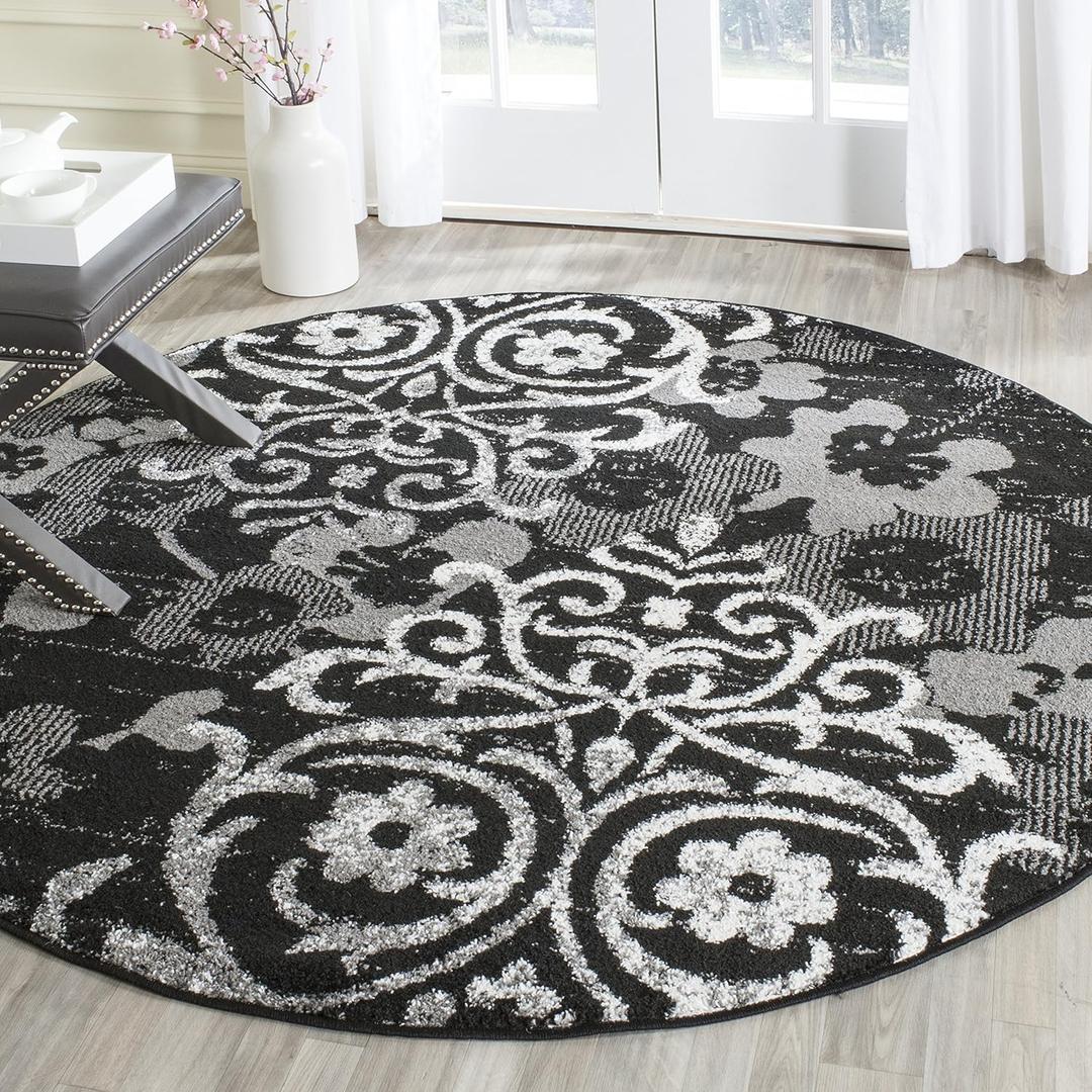 SAFAVIEH Adirondack Collection 4' Round Black / Silver ADR114A Floral Glam Damask Distressed Non-Shedding Dining Room Entryway Foyer Living Room Bedroom Area Rug