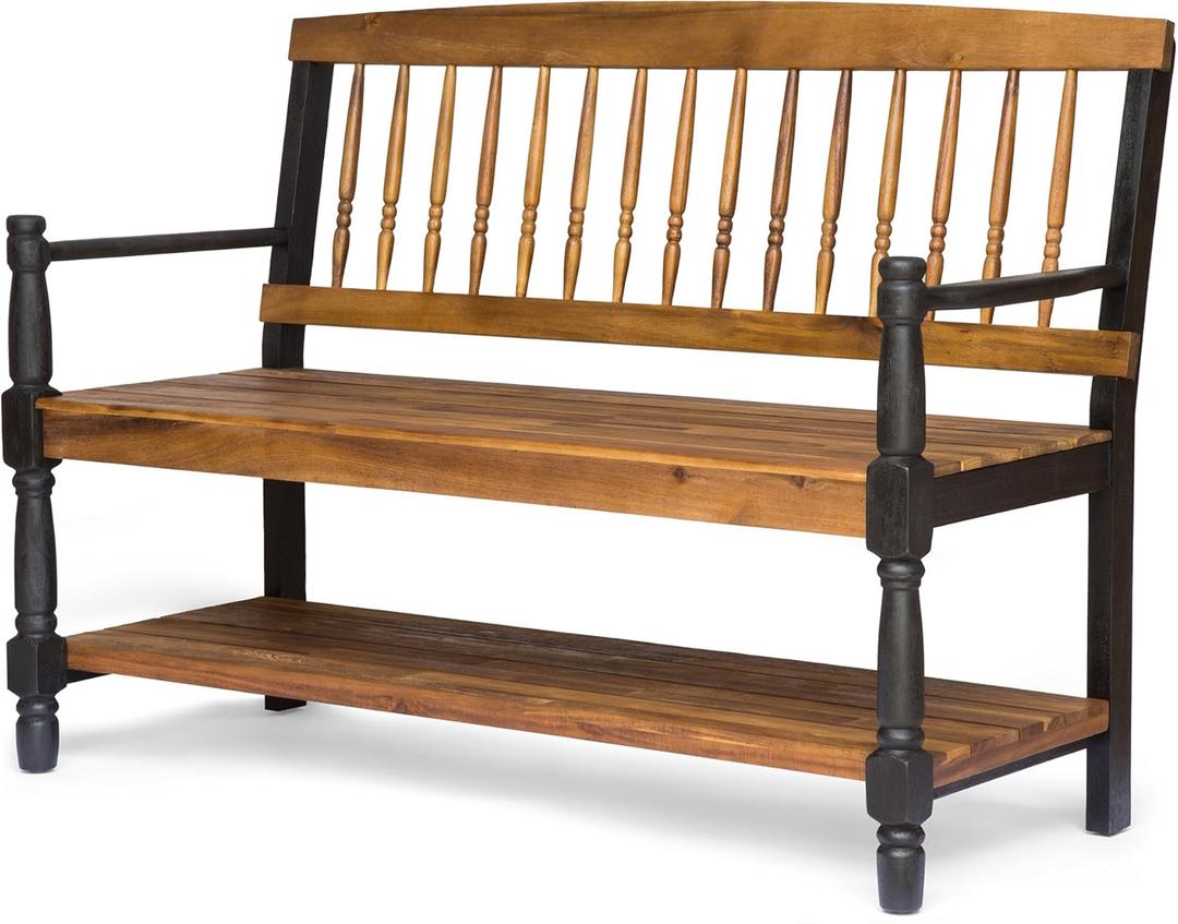 Christopher Knight Home Eddie Indoor Farmhouse Acacia Wood Bench with Shelf, Teak and Black Finish