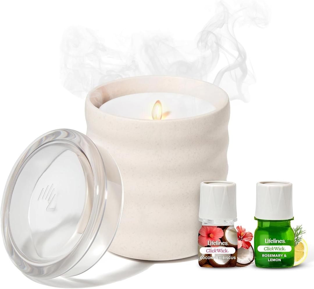 Lifelines Flameless Candle Aromatherapy Essential Oil Diffuser with 2 ClickWick Essential Oil Blends - Cordless & Waterless Diffuser for Home - Scented Electric Candles Blow Out Flame - Cream Bubble