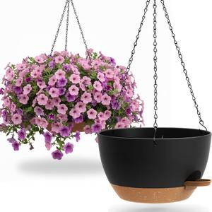 UOUZ 13 Inch 2 Pack Large Self Watering Hanging Planters for Indoor Outdoor Plants, Hanging Plant Pots with Removable 50 Oz Reservoir, Plastic Hanging Basket for Window Porch Garden, Black with Brown