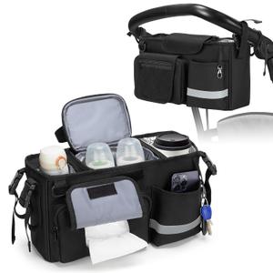 Parent Console Stroller Organizer Compatible with WONDERFOLD W&X, 2 Insulated Cup Holders, A Removable Cooler Bag, Black, Patented Design