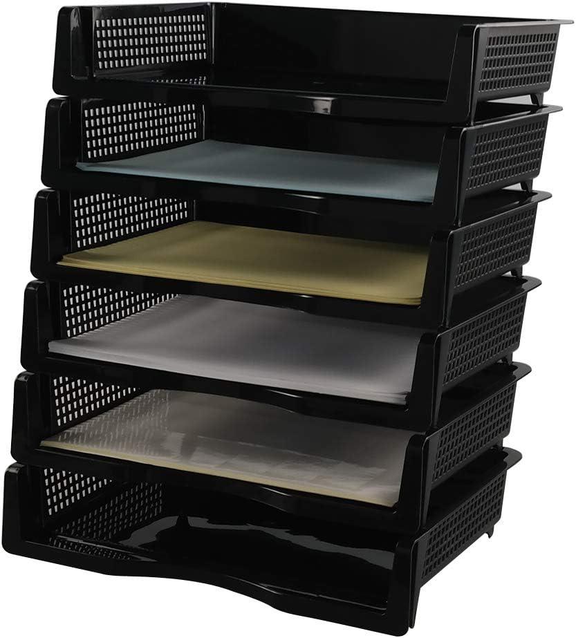 Kekow 6-Pack Plastic Stacking A4 Size Desk Organizer Tray, Stackable Document Letter Tray Holder, Black
