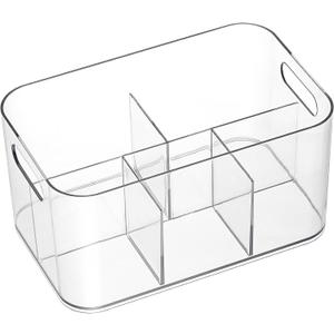 2 Pack, 5-Compartment Clear Plastic Bin - Divided Art Supplies, Cosmetic Makeup Caddy Organizer - Multiuse Storage Container for Vanity, Bathroom, Kitchen, Office, Craft, Shower, Cleaning Items