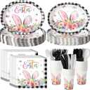 Havawish 350 Pcs Easter Bunny Party Supplies Happy Easter Disposable Tableware Set Buffalo Plaids Eggs Bunny Oval Paper Plates Cups Napkins Fork Knife Spoon for Spring Holiday Party Dinner Table Decor