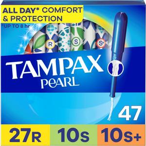 Tampax Pearl Tampons for Women Multipack, with LeakGuard Braid, Regular/Super/Super Plus Absorbency, Unscented, 47 Count