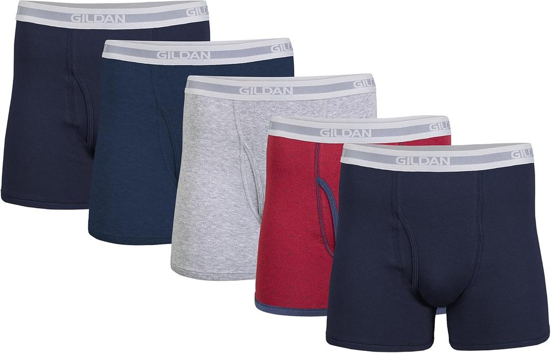 Gildan Men's Underwear Boxer Briefs, Multipack, Navy/ Heather Navy/ Sport Grey/ Dot/ Navy (5-Pack), Large