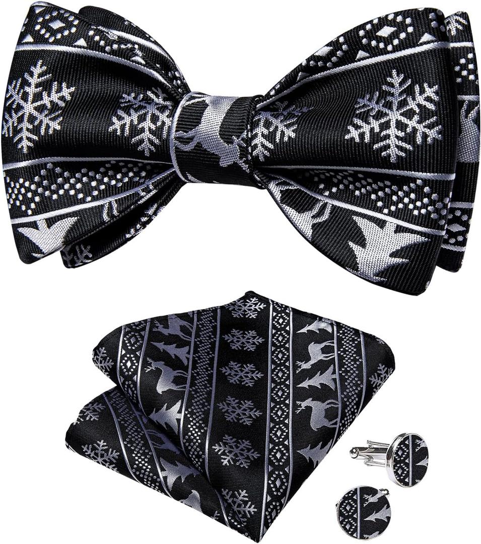 DiBanGu Christmas Bow Ties for Men Xmas Self-tied Bowties and Pocket Square Set Festival Woven Bowtie Handkerchief (Black)