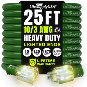 25ft Outdoor/Indoor Extension Cord 10/3 Gauge Ultra Heavy Duty 3 Prong SJTW, Waterproof, ETL Listed, Flexible Cold-Resistant Long Power Cord,15A 125V 1875W, Green by LifeSupplyUSA 25ft Outdoor/Indoor Extension Cord 10/3 Gauge Ultra Heavy Duty 3 Prong SJTW, Waterproof, ETL Listed, Flexible Cold-Resistant Long Power Cord,15A 125V 1875W, Green by LifeSupplyUSA