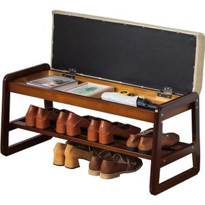 latifolia Solid Wood Bench, Entryway Shoe Bench with Cushion, Flip-Open Storage Compartment, 2-Tier Shoe Organizer(Grey,31.50''L)