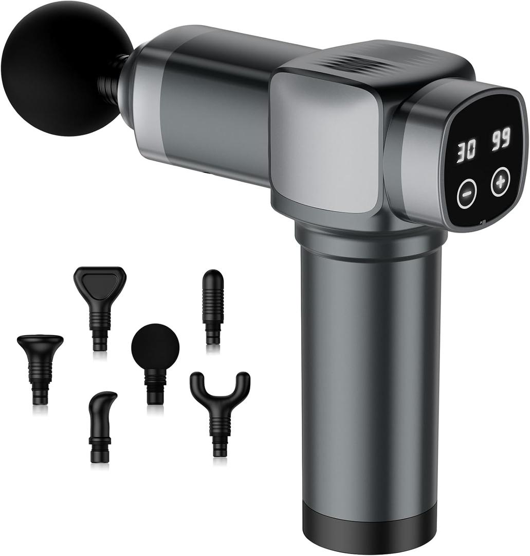 Deep Tissue Massage Gun, Portable Percussion Muscle Massager with 30 Speeds & 6 Attachments, Handheld Electric Back & Neck Massager for Pain Relief (Light Gray)