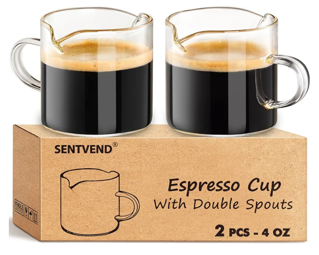 Espresso Cups Set of 2, 4 Oz Espresso Shot Glass with Handle Double Spout Cups Clear Glass Milk Cup Coffee Accessories Great for Making Coffee Desserts Salad Dressing