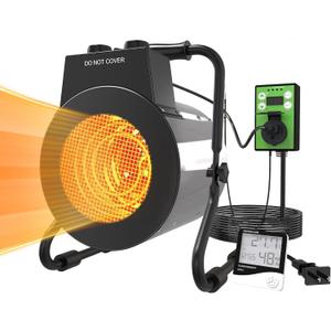 Electric Greenhouse Heater with Thermostat - 1500W Stainless Steel Outdoor Fan Heater, Fast Heating, Overheat Protection, Heating for Garage, Flower Room, Grow Tent (Silver)