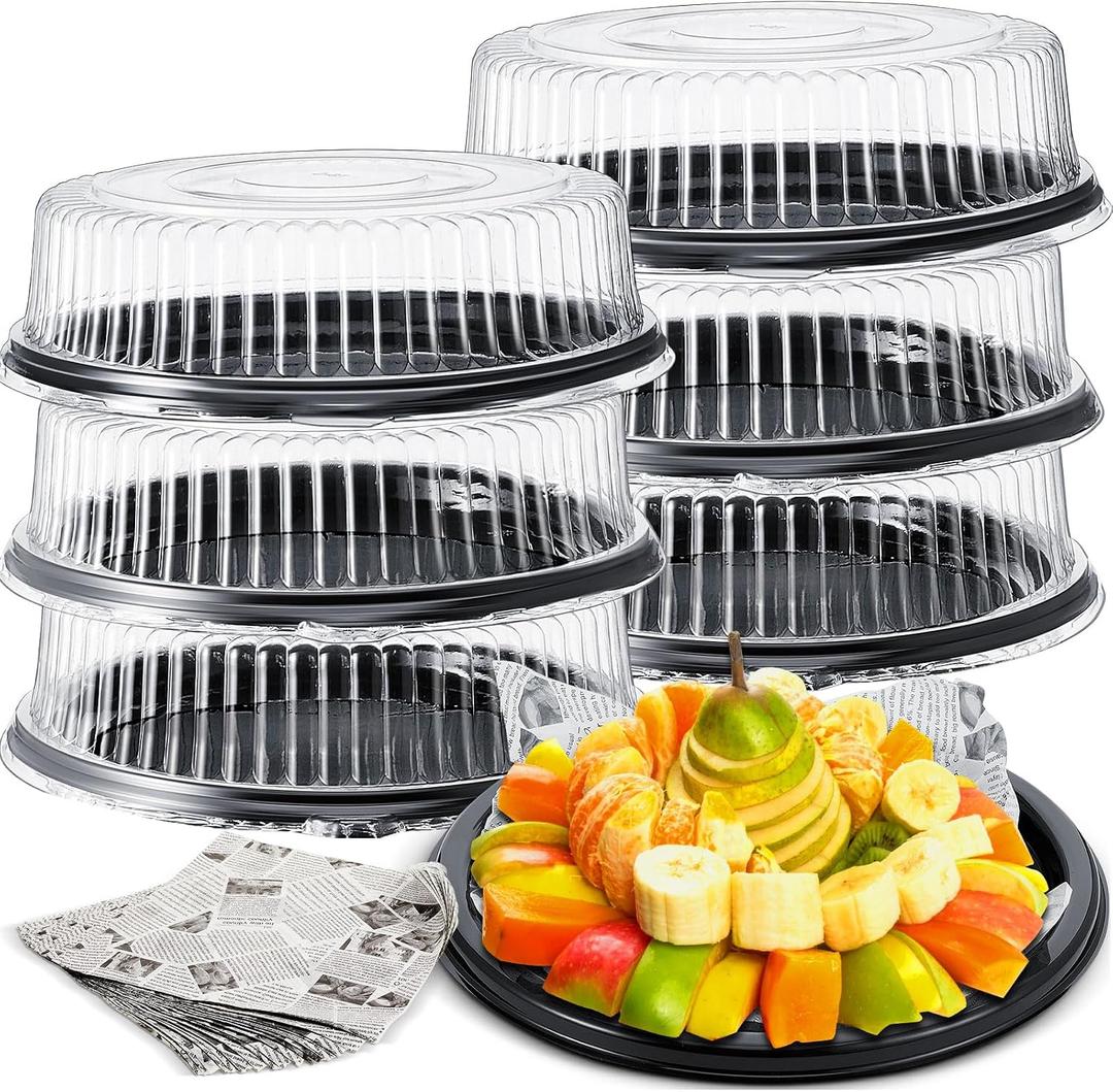 Tessco for you 6Pcs Heavy Duty Serving Tray with Lids, Black Round, 16 Inch