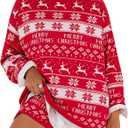 UNIQUEONE Womens Striped Sweater Set 2 Piece Lounge Sets Matching Pajamas Outfits Long Sleeve Knit Tops and Shorts (Large, Red-xmas)