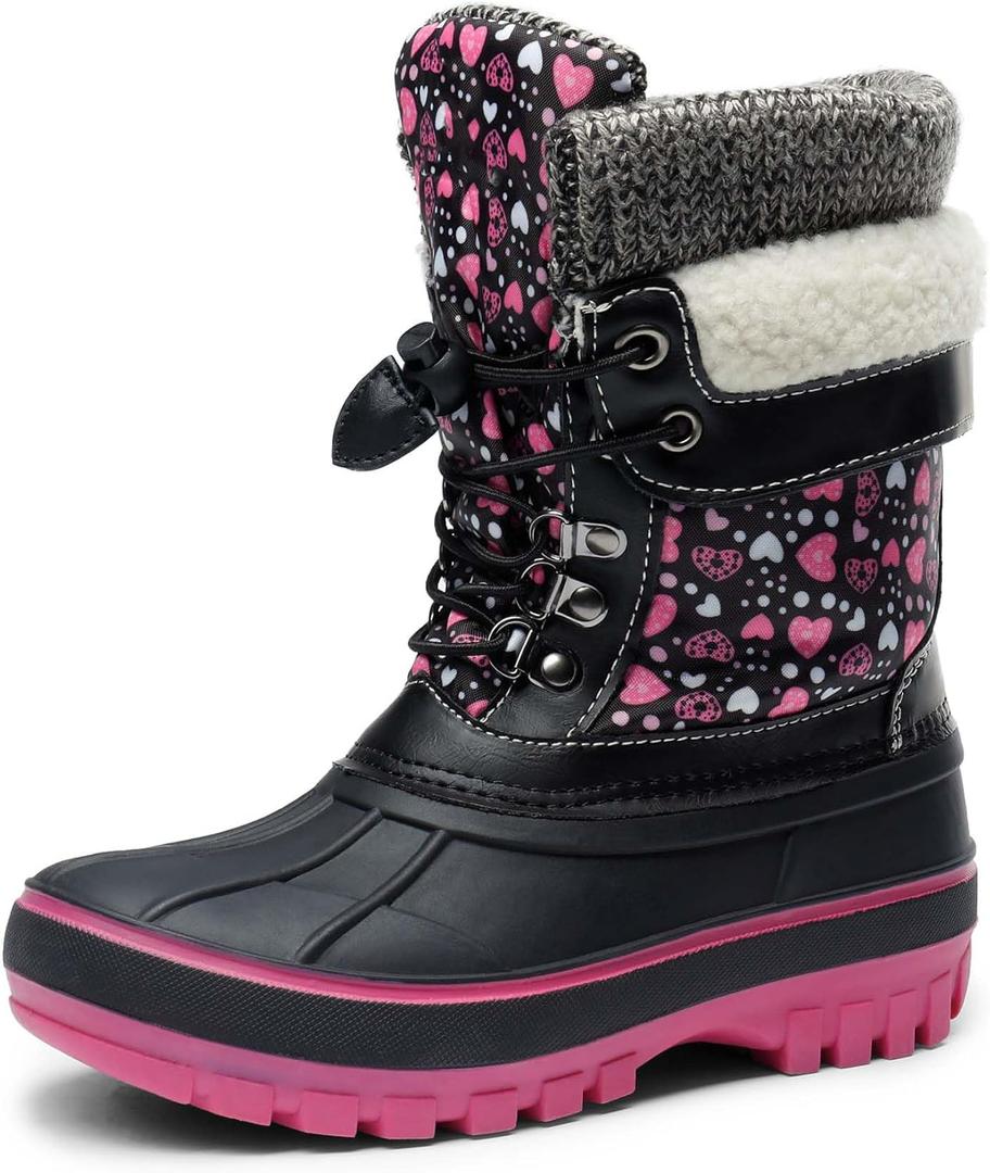 DREAM PAIRS Boys Girls Snow Boots Water-Resistant Outdoor Warm Cozy Anti-Slip Mid Calf Faux Fur Lining Insulated Winter Shoes for Little/Big Kids (Black/Fuxia)