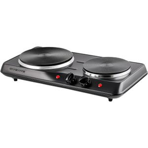 OVENTE Electric Countertop Double Burner, 1700W Cooktop with 7.25" and 6.10" Cast Iron Hot Plates, Temperature Control, Portable Cooking Stove and Easy to Clean Stainless Steel Base, Black BGS102B