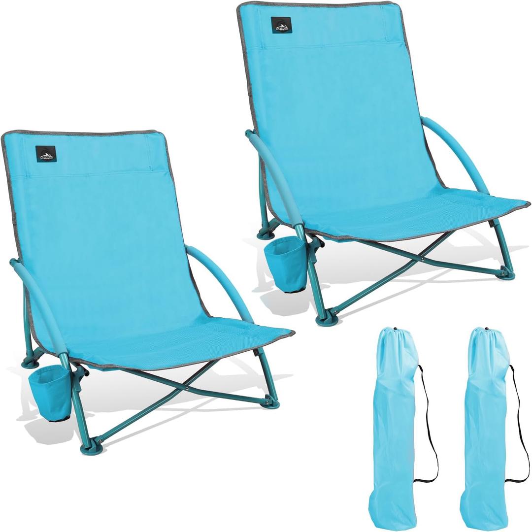 2 Pack Low Folding Beach Chair,Portable Lightweight Lowback Sling Chair, Outdoor Low Seat Camping Chair w/Cup Holder & Carry Bag for Sand Camping Lawn Picnic Festival, Blue