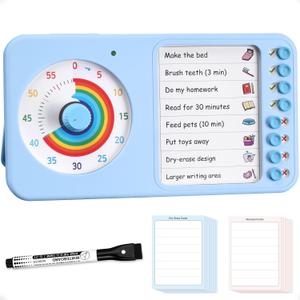 2-in-1 Visual Timer with Task Board for ADHD & Autism, Dry Erase Chore Chart and Visual Schedule for Kids & Adults, Rainbow Countdown Timer for Classroom, Home, Homeschooll (Blue)