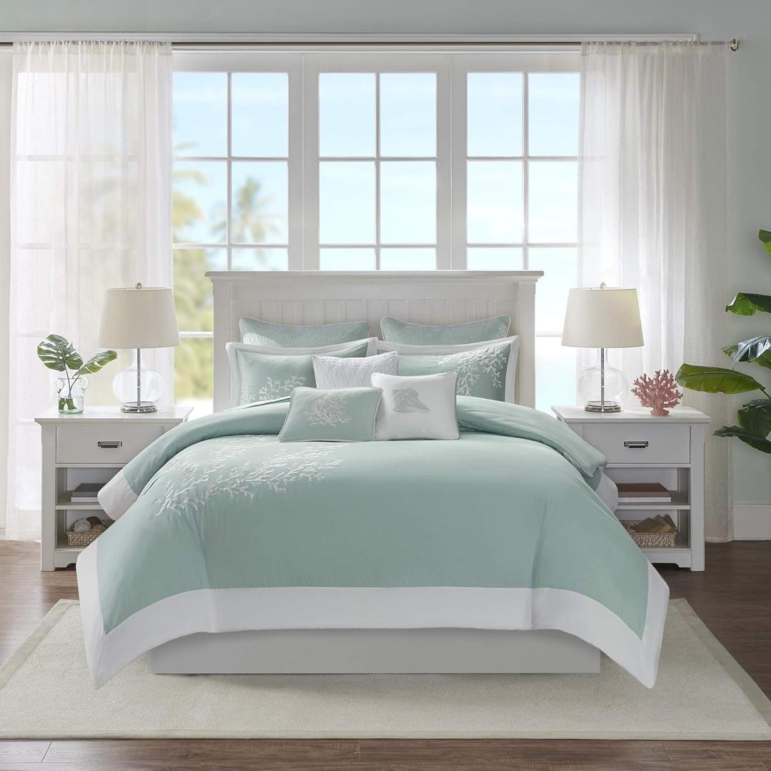 Harbor House 100% Cotton Duvet Cover, Jacquard Coastal Coral Duvet Cover Set  Light Weight Bed Comforter Covers, Coastline Blue King/Cal King (106"x90") 3 Piece