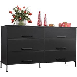 WLIVE 6 Drawer Dresser for Bedroom Large, Fabric Black Dresser TV Stand for 55, 60, 65, 70 inch TV, Wide Long Chest of Drawers with Deep Drawer for Closet, Bedroom, Living Room, Hallway