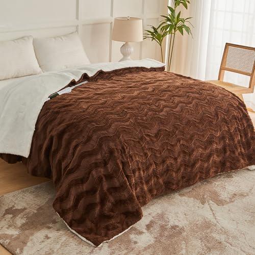 Auemtyn Heated Electric Blanket Queen Size - Soft Faux Rabbit Fur & Fleece, Fast Heating Throw for Bed Sofa Couch, Warm Heater Lap Blankets with 6 Heating Levels, 10 Time Settings, ETL & FCC Certified