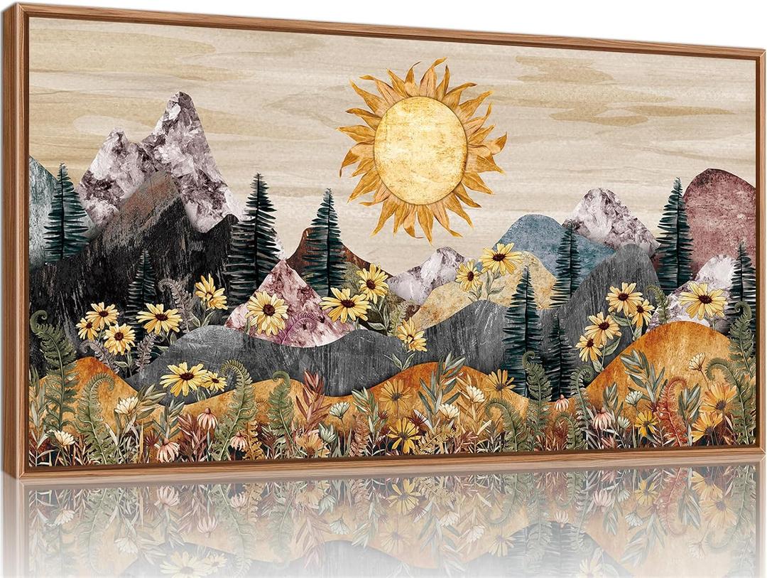 Rantodecor Boho Mountain Framed Canvas Wall Art, Western Daisy Floral Landscape Wall Decor, Rustic Fern Flowers Art Painting, Modern Fantasy Nature Sun Artwork for Bedroom Living Room Office 40"x20"