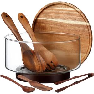 Large Glass Salad Bowl Set, Party Salad Bowl with Acacia Wood Base and Lid as Cheese Charcuterie Board and Plate, Comes with 5 Pieces Elegant Wood Serving Utensils
