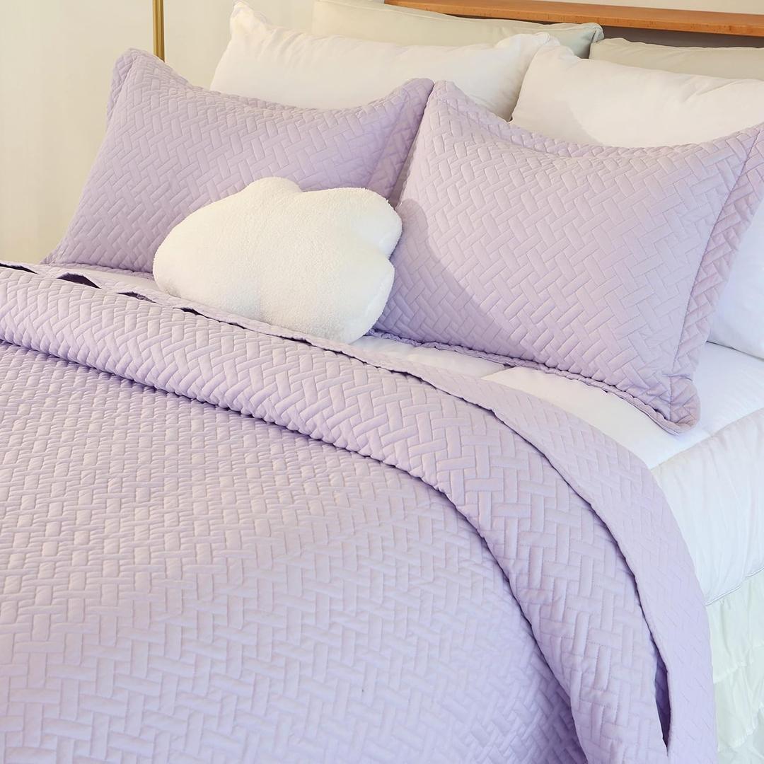 Cmfshape 3 Piece Bedspread Queen Size,Classic Geometric Stitched Quilt Set,Soft Lightweight Microfiber Bed Cover Set,Reversible Coverlet with 2 Shams(Queen92 x96,Lavender)