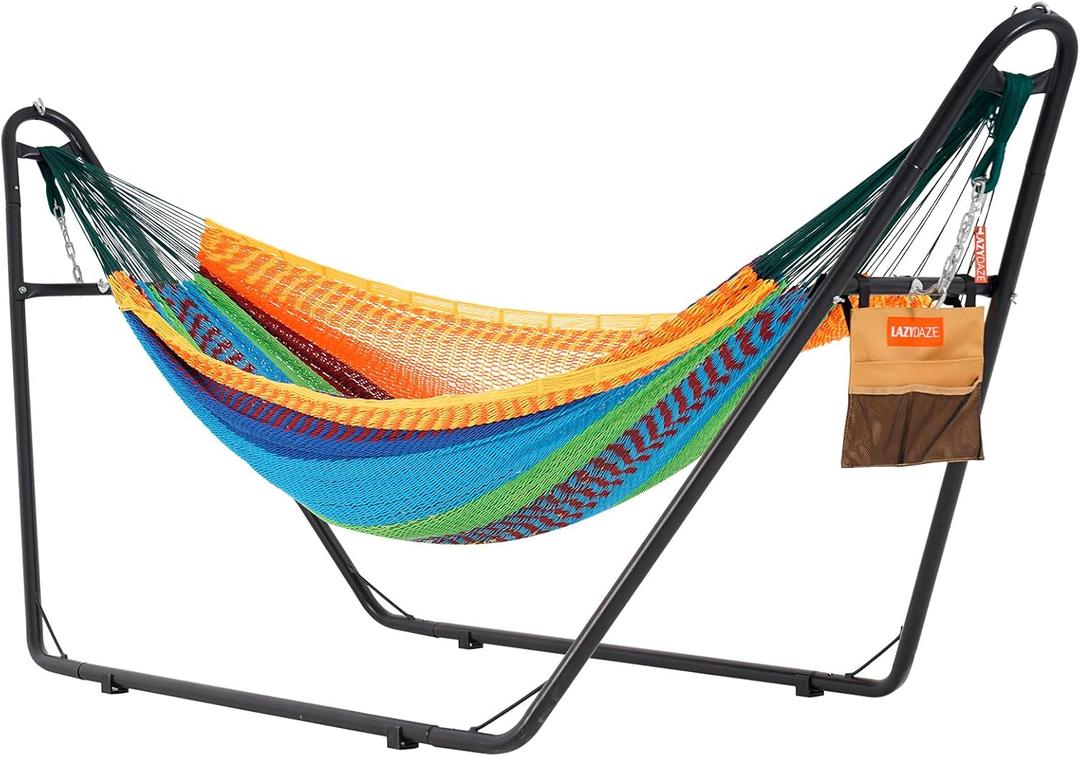 Lazy Daze Hammocks Handwoven Mayan Hammock with Heavy Duty Steel Stand, 10.5 FT Soft Rope Double Hammock for Patio Outside, 550 lbs Weight Capacity, Multi Color